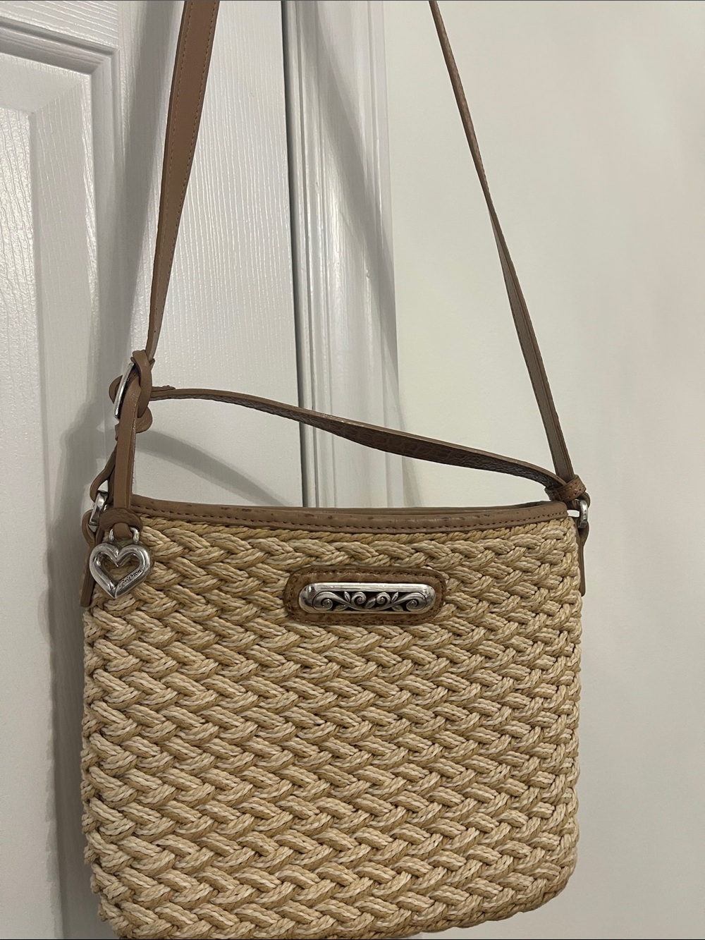 Brighton Natural Straw Crossbody with Tan Trim and Silver Accents